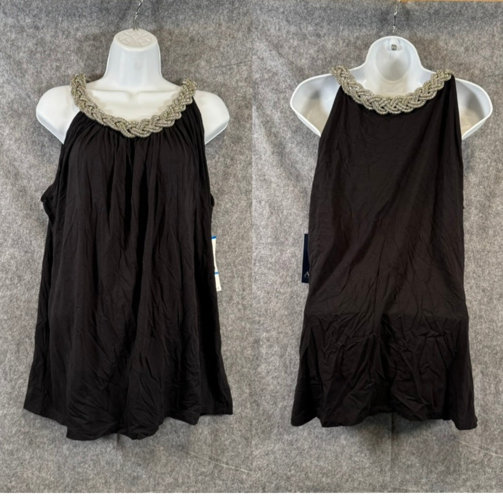 Anne Klein Sleeveless High Neck Top Womens 1X Black Silver Braided Rope Chain